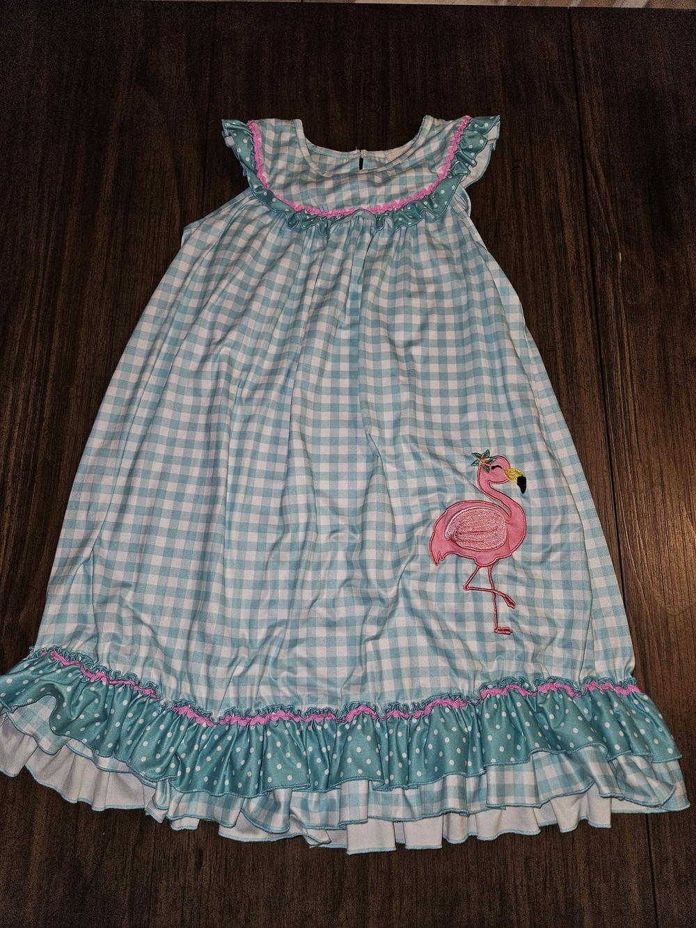 Girls' Teal Gingham Flamingo Nightgown with Pink Trim